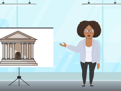 Illustration of a woman standing beside a screen showing a courthouse